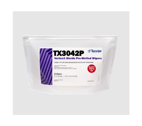 Sterile, sealed-edge, polyester wipers pre-wetted with USP-grade 70% IPA / 30% DIW12