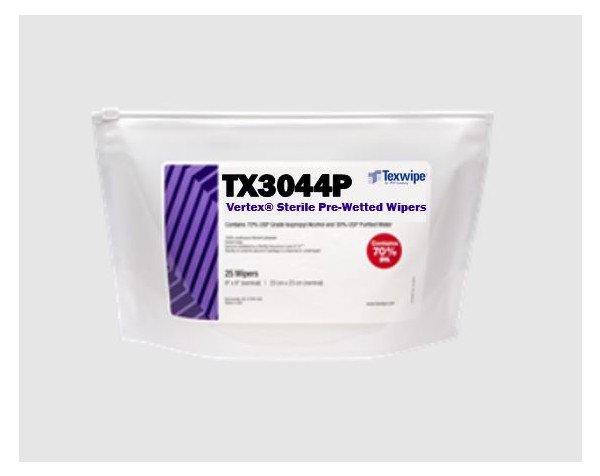 Sterile, sealed-edge, polyester wipers pre-wetted with 70% denatured Ethanol / 30% DIW12