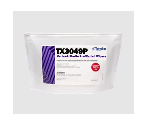 Sterile, sealed-edge, polyester wipers pre-wetted with USP-grade 70% IPA / 30% DIW9